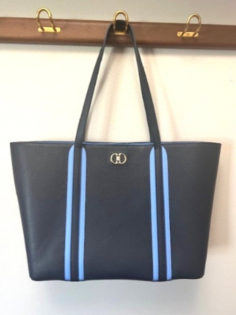 Talbots Pebbled Leather Tote – Black/Dark Dark Navy with Blue Accents NWOT